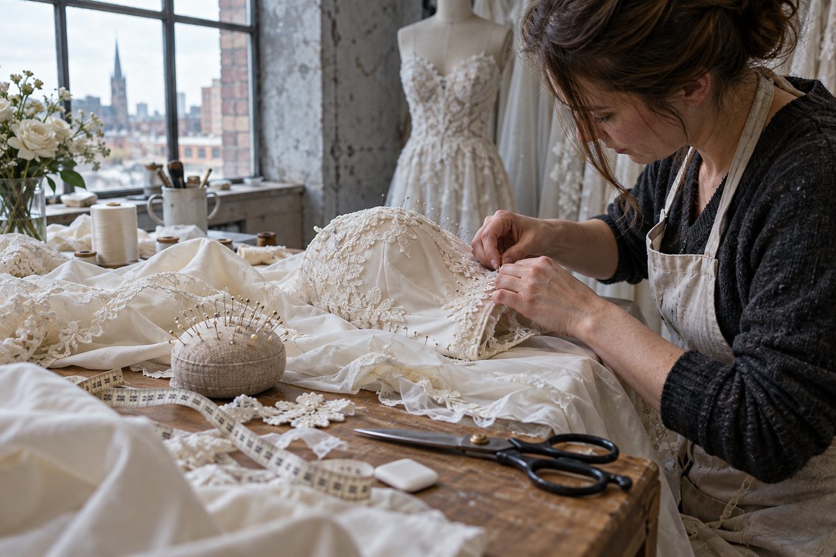 Alterations bench with a pinned bodice, shears and a tape measure