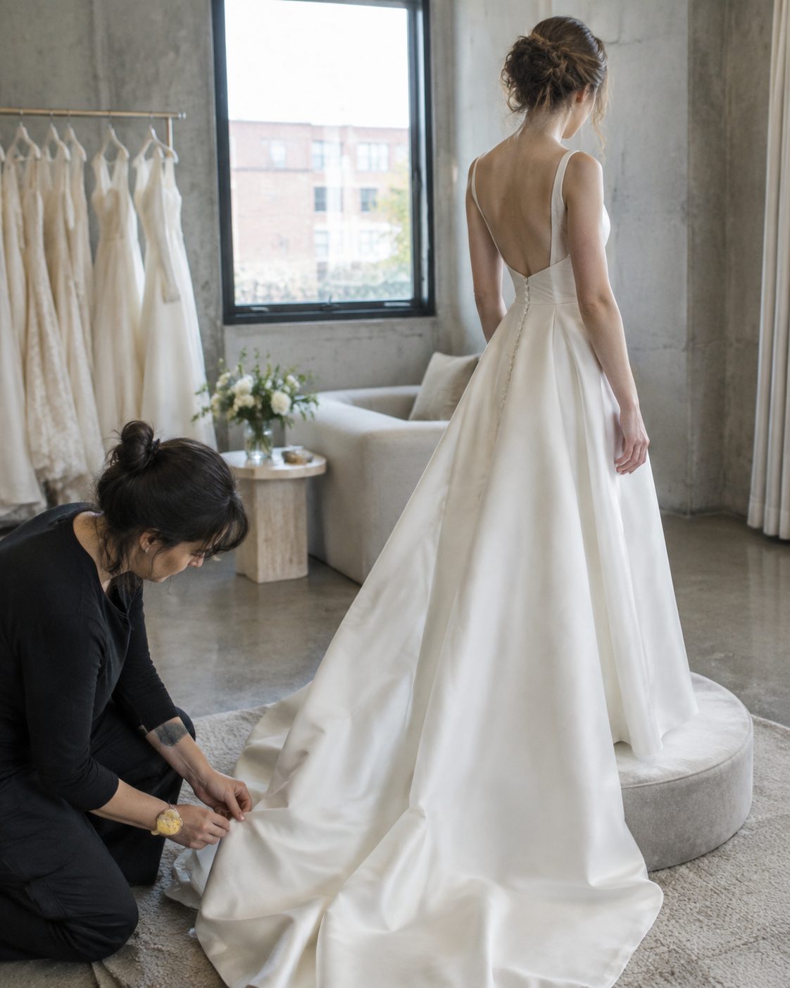 Seamstress pinning the hem of a gown during a private fitting