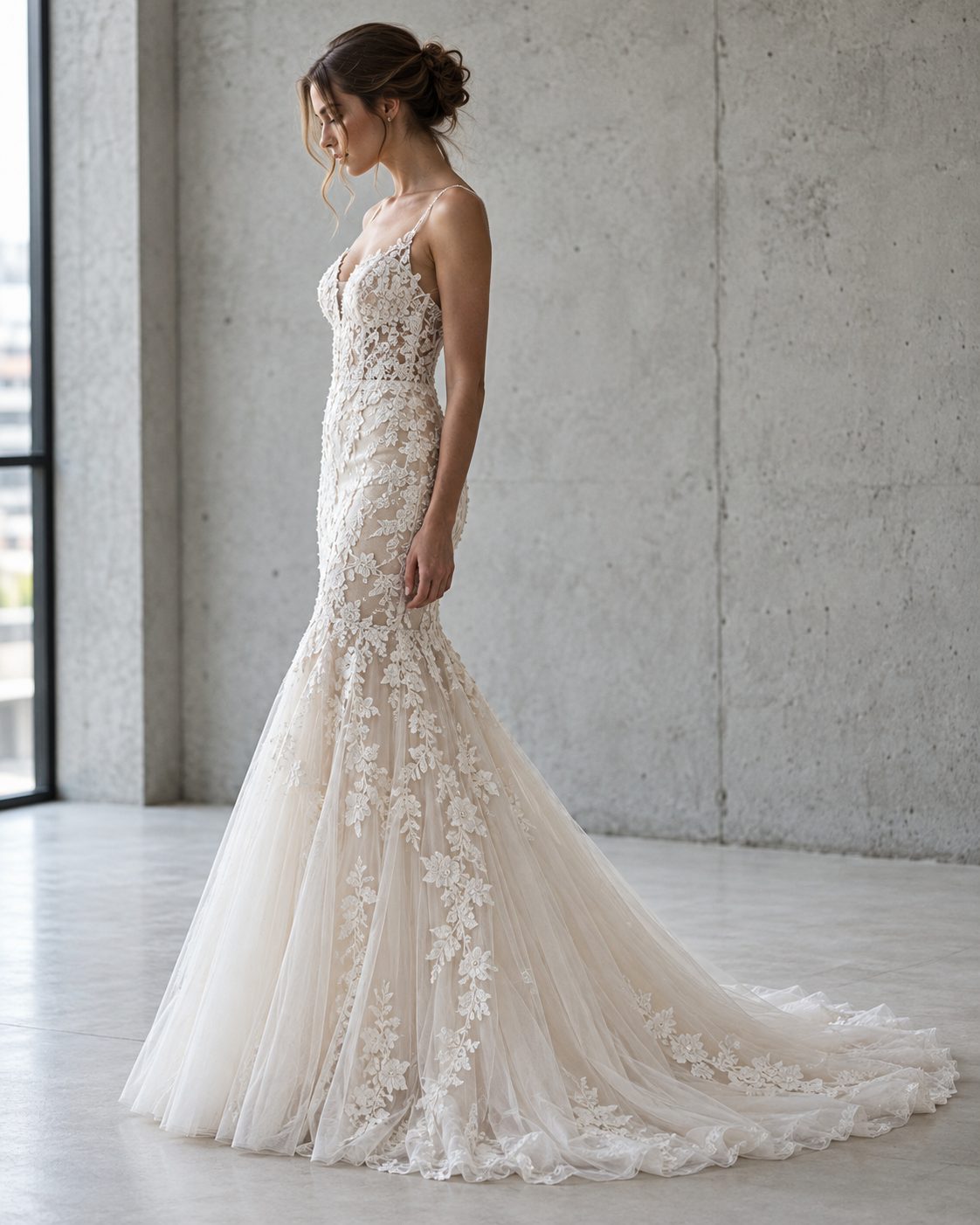 Ivory lace mermaid wedding gown with hand-placed appliqué