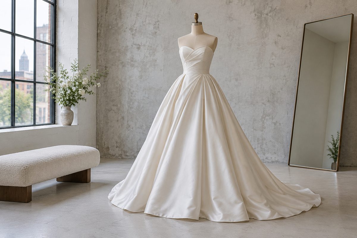 Ivory couture ball gown on a dress form in the Roma Sposa private salon