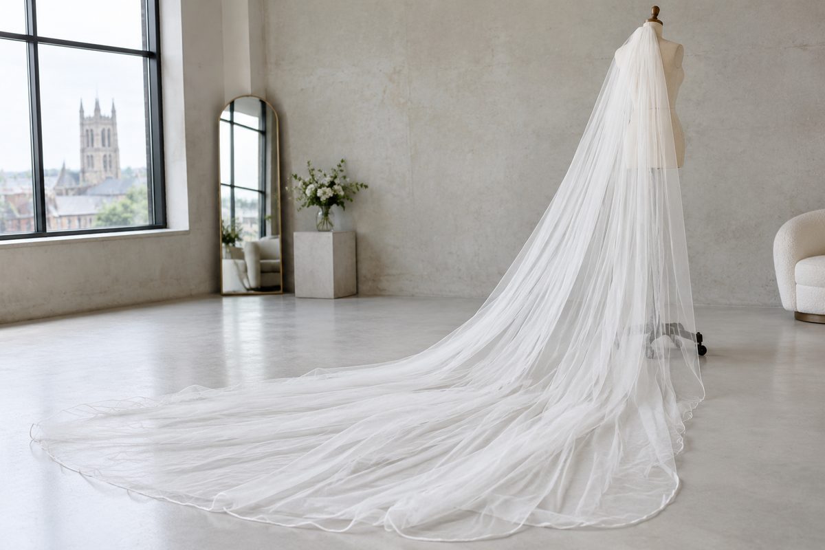 Cathedral-length silk tulle veil spread across the salon floor